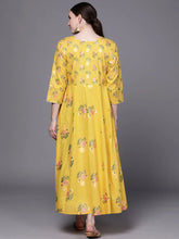 Yellow Floral Print Fit & Flare Pure Cotton Maxi Ethnic Dress-AHDRCOPG-1004-FF